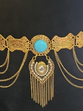 Gold Tone Turquoise Pendant Fringe Belt, 44 Inches. Women Jewelry